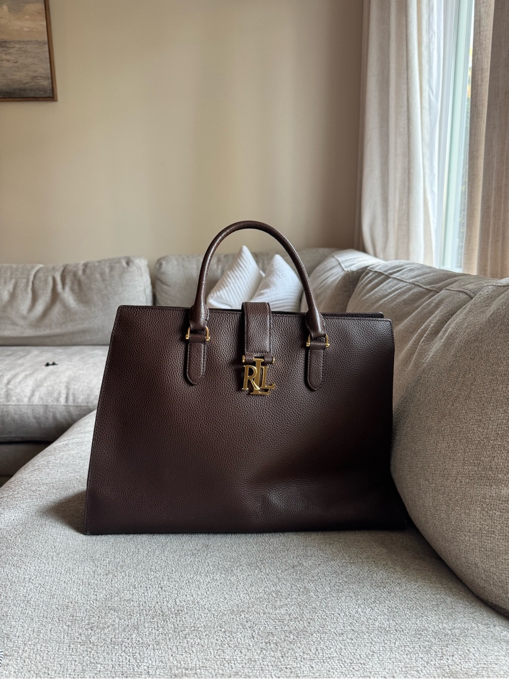 Ralph Lauren Dark Brown Pebbled Leather Top-Handle Satchel with Gold RL Logo